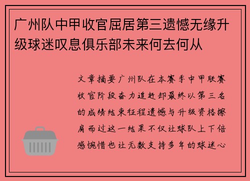 广州队中甲收官屈居第三遗憾无缘升级球迷叹息俱乐部未来何去何从
