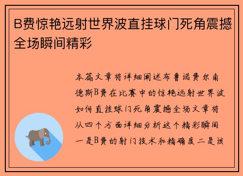 B费惊艳远射世界波直挂球门死角震撼全场瞬间精彩
