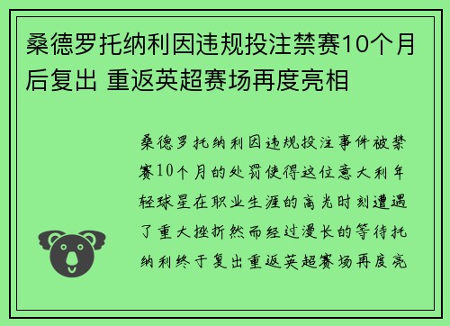 桑德罗托纳利因违规投注禁赛10个月后复出 重返英超赛场再度亮相